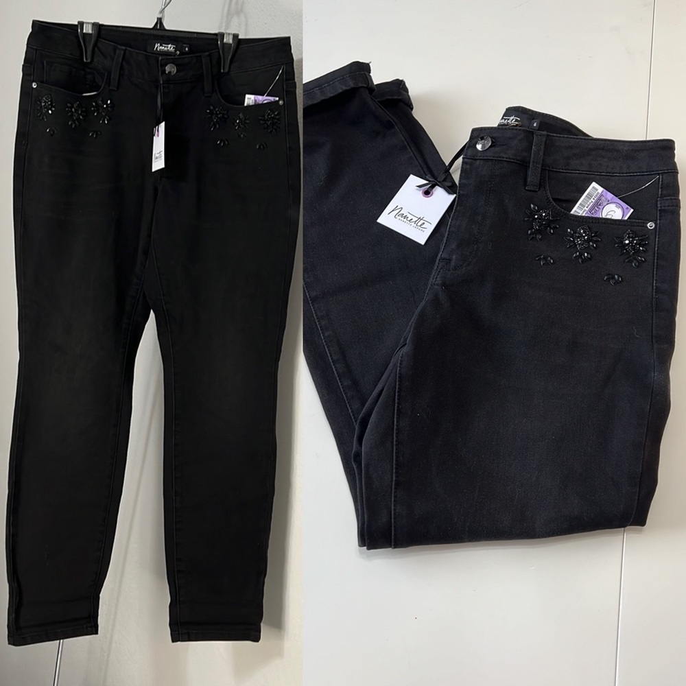 NWT Women’s Nanette Lepore Rhinestone Girlfriend Cropped Jeans Black Poison Sz 6